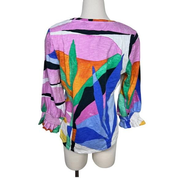 Chico’s Womens Tropical Block Print 3/4 Balloon Sleeve Top Size 1/Medium Travel - Picture 10 of 10